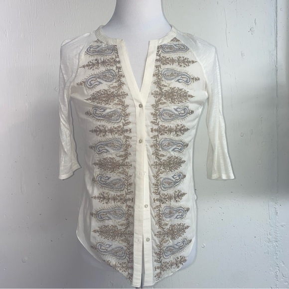 Anthropologie Cream Fitted Button Down Shirt with Mandarin Collar - Picture 1 of 2
